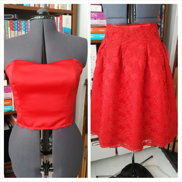 Left: Strapless, boned satin bodice Right: Satin pleated skirt with lace pleated overlay